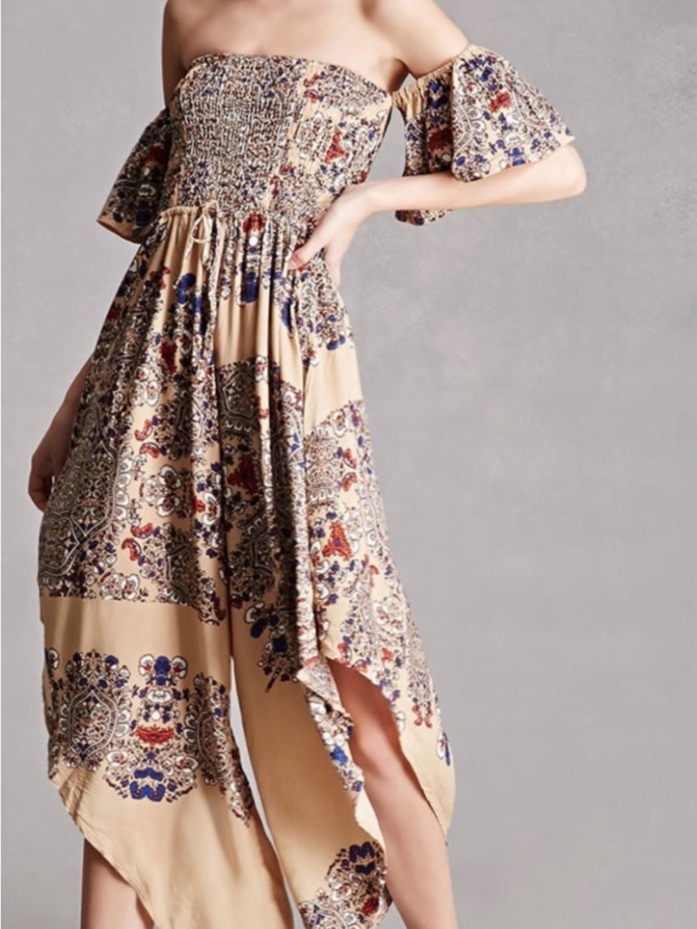Bohemian One-Shoulder Floral Maxi Dress in Beige
